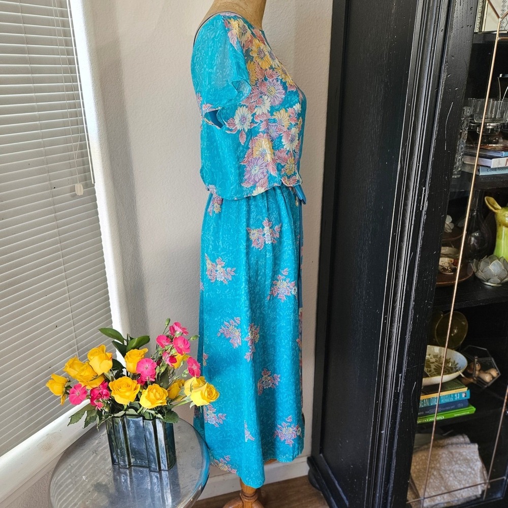 Vintage 70s Floral Midi Dress ILGWU Union Made Sheer Overlay Blue S/M - Picture 6 of 8